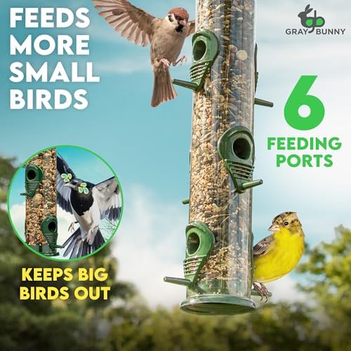 Gray Bunny Squirrel Proof Bird Feeders for Outdoors 6 Port Metal Tube