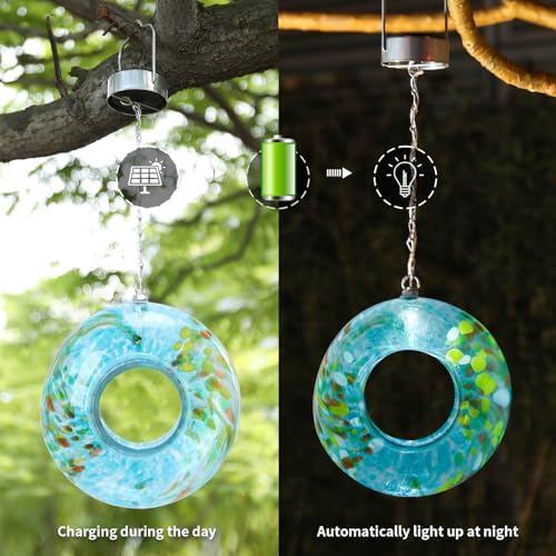 VCUTEKA Glass Bird Feeder, Fly Through Solar Feeders for Garden Decor, Blue