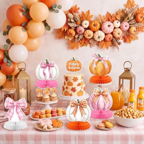 Funnymoom 10Pcs Fall Pink Orange Pumpkin Decor Honeycomb Table Centerpieces