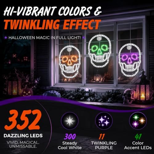 3-Pack 11" Halloween Classics Twinkling LED Skull Window Lights