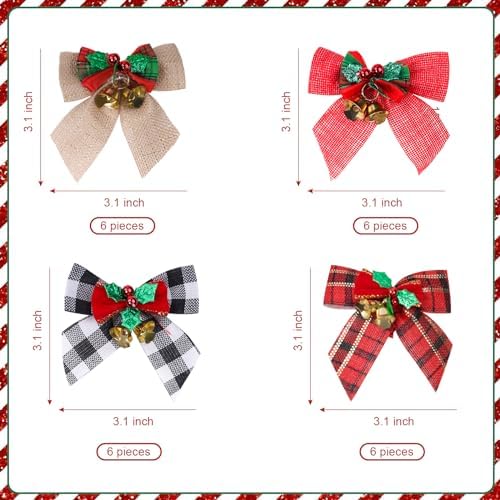 YBB 24Pcs Christmas Tree Bows, Linen Buffalo Plaid Bows with Jingle Bells
