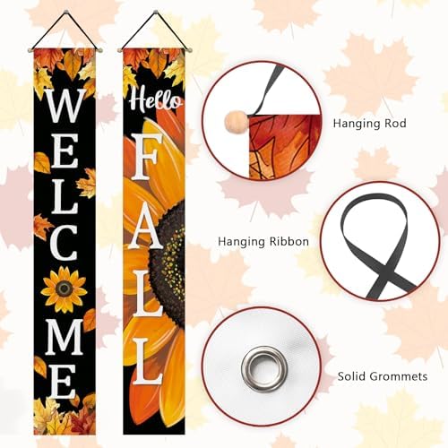 Hello Fall Sunflower Welcome Porch Banner Sign, Autumn Flower Black