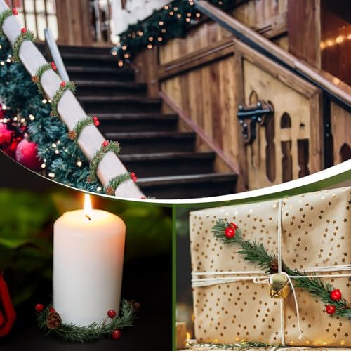 Jutom 24 Pcs Christmas Garland Ties 13.7" Christmas Garland Twist Ties with Red Berries and Pine Cones Xmas Artificial Pine Garland for Christmas Decoration Craft Gift Wrapping Holiday Banister Decor