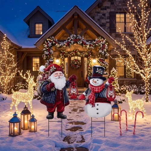 Hotop 2 Pcs Metal Christmas Yard Stakes Decorative Santa Claus Snowman Yard Sign Stake 20.47 Inches Xmas Garden Signs Christmas Outdoor Decorations for Outside Xmas Garden Holiday Party