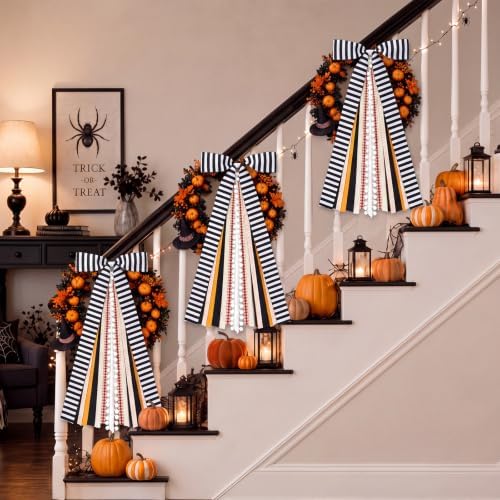 Suncalla 2 Pcs Halloween Black Stripes Ribbon Bow for Wreath Front Door