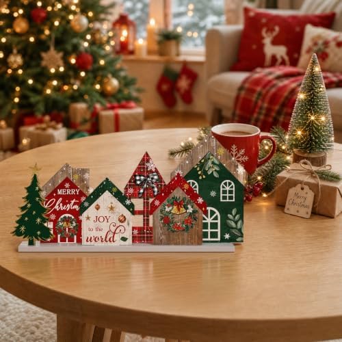 Smile Wooden Christmas House Tabletop Decor Rustic Plaid Cabin Xmas Tree Winter Farmhouse Centerpiece Sign