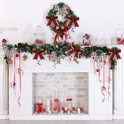 codree 4 Pcs Christmas Burlap Plaid Bows with Pine Cones Pine Needles