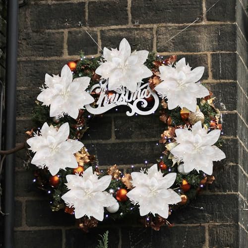 Childom 15 PCS White Poinsettia Flower Artificial Poinsettias with Clips Christmas Decorations Glitter Poinsettia Christmas Ornaments Xmas Tree Flowers with Stems DIY Xmas Wreath Holiday Party Decors