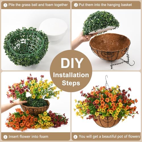 Artificial Fall Hanging Flowers Basket, UV Resistant Mums for Outdoors