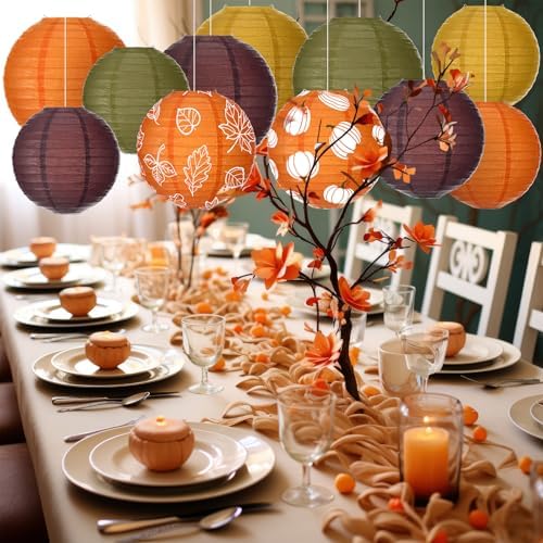 Bencailor 16 Pcs Fall Paper Lanterns Fall Party Paper Lanterns Thanksgiving Dark Orange Pumpkin Round Thankful Maple Leaves Hanging Party Decorations for Autumn Harvest Outdoor Decor