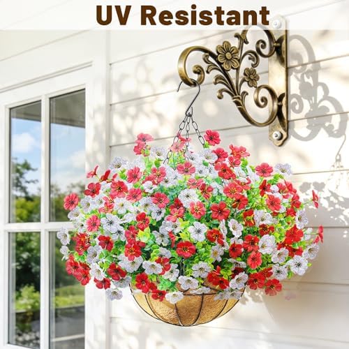 2 Set Artfiticial Hanging Flowers with Basket & Foam Outdoor,Red White