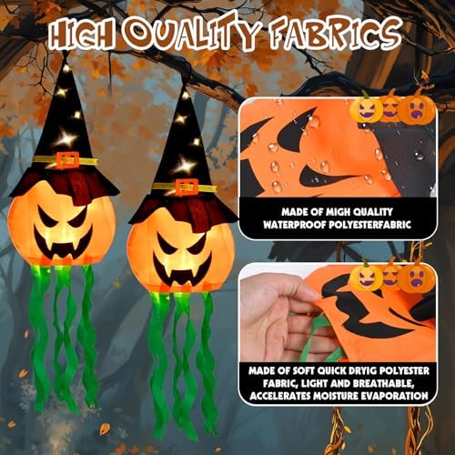 4 PCS Hanging Lighted Glowing Pumpkin Witch Hat with 3 Modes Lighted Up