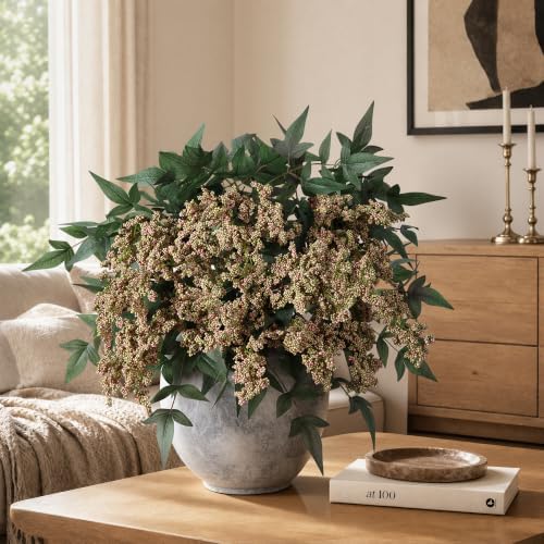 Faux Plants Indoor 3 Pcs 35 Inch Artificial Nandina Berry Stem for Vase Realistic Faux Berry Spray for Wedding Holiday Seasonal Farmhouse Mantel Harvest DIY Home Decor(Green)