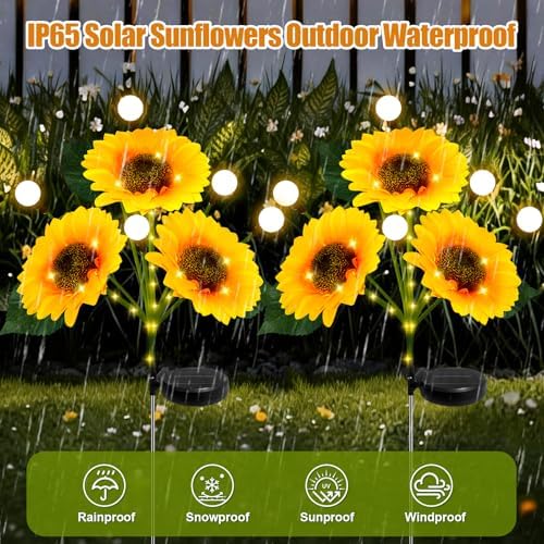 Sunflower Solar Lights Outdoor, 2 Pack Sunflowers with Firefly Lights, Waterproof Solar Flower Lights with 1000mAh Battery for Patio Porch Lawn, Gifts for Mom Women Grandma, Yard Decorations Outdoor
