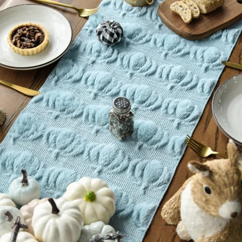 Artoid Mode Blue Soft Faux Fur Pumpkins Fall Table Runner 13x72 Inch