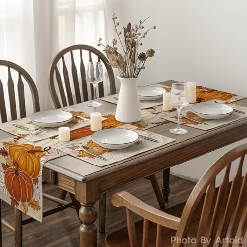 Artoid Mode Orange Pumpkin Leaves Fall Placemats Set of 4-12 x 18 Inch
