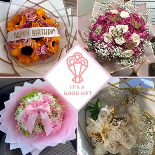 52Pcs Flower Bouquet Wrapping Paper Accessories Kit, 20 Sheets Pink Waterproof Floral Wrapping Paper, 12 Gold 12 Pink Butterflies, 5 Cards, 1 Ribbon, 1 Letter 1 Rhinestone Sticker (Gold Edge)