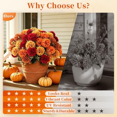 12-Pack Faux Fall Mums, 72 Blooms Artificial Flowers for Outdoor Decor