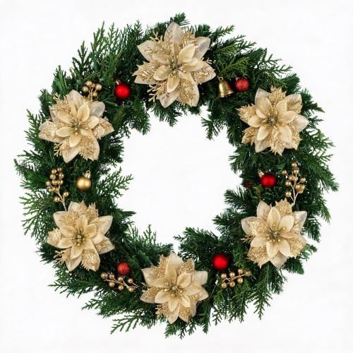 15PCS Artificial Christmas Poinsettia Flowers with Clips and Stems, 5.5 Inch Glitter Gold Xmas Tree Decorations, Holiday Poinsettia Picks Ornaments for Christmas Tree, Wreaths, Garlands & Home