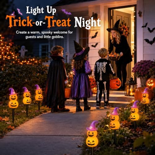 Halloween Decorations Solar Garden Lights, 4pcs Magic Hat Pumpkin Path Lights with 8 Lighting Modes, Waterproof Yard Light, LED Santa Claus Gift for Yard Path Decor (Orange - Pumpkin)