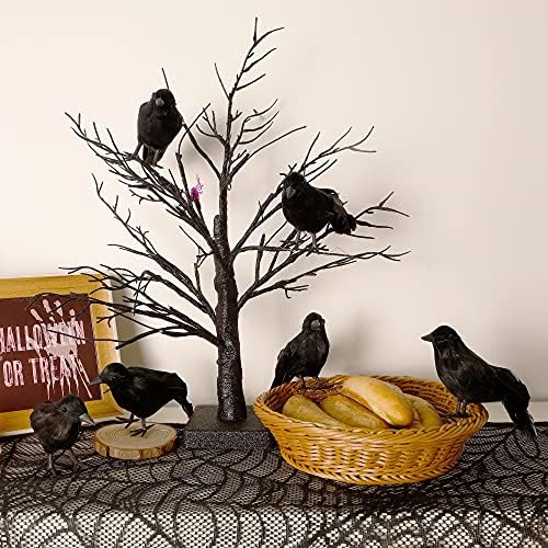 ATDAWN 6 Pack Halloween Black Feathered Crows, Realistic Halloween Birds Decoration for Spooky Décor
