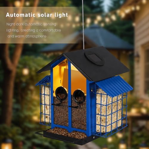 Metal Bird Feeders for Outdoors Hanging Bird House with Solar Lights, Blue