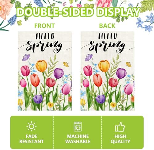 Hello Spring Garden Flag 12x18in, Double Sided Colorful Tulips Flag