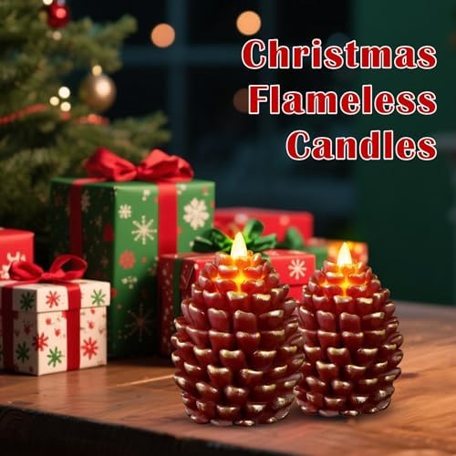 Christmas Pinecone Candles Flameless Thanksgiving Decor,Red-Brown