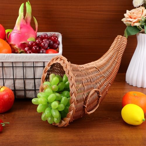FAVOMOTO Cornucopia Basket, Christmas Rattan Storage Wicker Serving Platter Fall Harvest Decorative for Thanksgiving Christmas Table Centerpieces