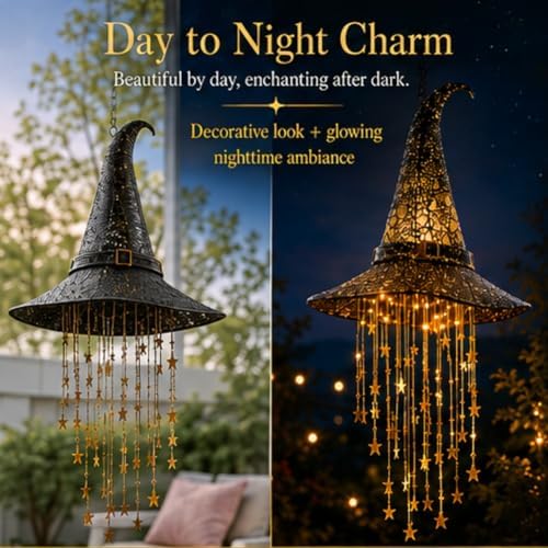 Lighted Witch Hat Hanging Chime, Halloween Outdoor Ornament, Glowing Mesh Cascading Stars, Black Frame Decoration, Party Decor, Flying, LED Lighted Window Tree Displays(3pcs)