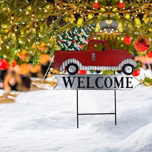Morning View Red Pickup Truck Yard Stakes Welcome Sign Metal Garden Stake Interchangeable Christmas Tree Fall Pumpkin Outdoor Seasonal Yard Art for Lawn Xmas Winter Autumn Holiday 24 Inches