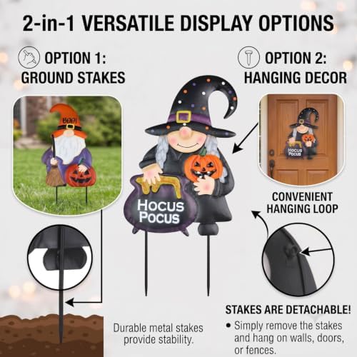 hogardeck Halloween Decorations Outdoor, Metal Gnomes Decorative Garden Stakes with Pumpkins Halloween Decorations Outside, Hocus Poucs Yard Signs for Garden Lawn Patio Halloween Decor
