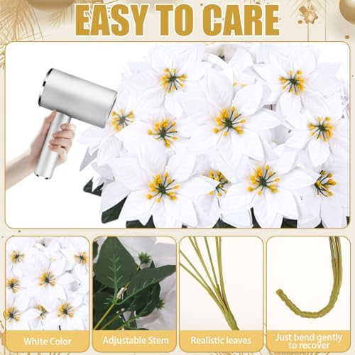 9 Pack Christmas Artificial Poinsettia Flowers 7 Heads White Flower