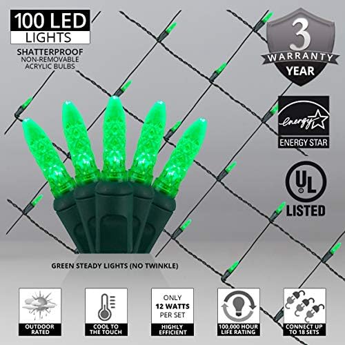 Wintergreen Lighting 100 M5 Green LED Net Lights, 4 x 6 ft Green Wire Outdoor Holiday Bush & Hedge Lighting for Christmas Displays, Commercial Grade