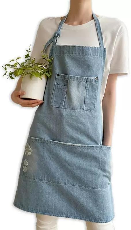 Denim Apron with Big Pockets Adjustable Cooking Apron Jean for Hair Stylist Gardening Craftsmen Barista Hairdresser