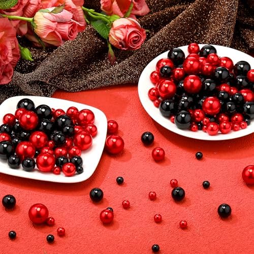 Junkin 300 Pcs Faux Pearl Vase Filler No Hole Beads, Black and Red