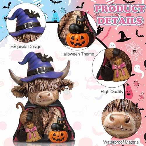 Karenhi 2 Pcs Halloween Highland Cow Figurines, Witch Hat Pumpkin Decor