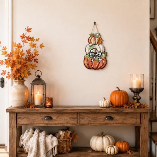 Smile Fall Wooden Door Hanger Stacked Pumpkins and Plaid Bow