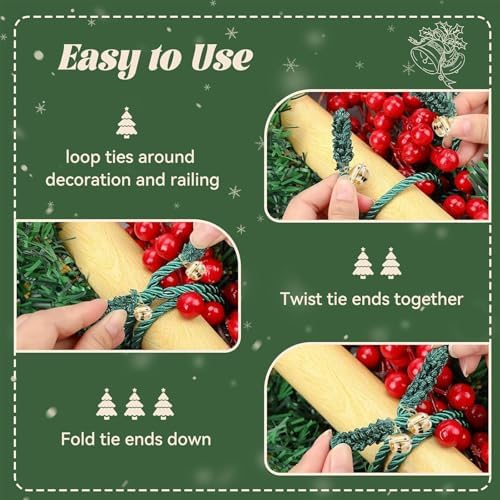 12PCS Christmas Wreaths Ties with Bell, Garland Banister Ties, Flexible Reusable Wreath Twist Tie Tie for Stairs Rail Decoration,Christmas Socks Fixing,Banner Home Decoration (Green)