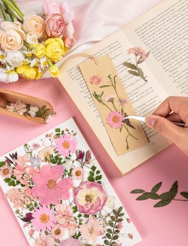 80pcs Pink Pressed Flowers Bulk, Romantic Dried Flower Leaves, Natural Pressed Dried Flowers with Tweezer for DIY Crafts Resin Mold Candles Cake Bridal Scrapbooking Supplies