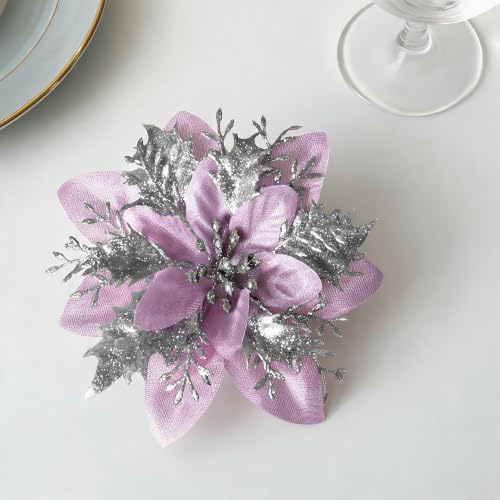 15PCS Artificial Christmas Poinsettia Flowers with Clips and Stems, 5.5 Inch Glitter Pink Xmas Tree Decorations, Holiday Poinsettia Picks Ornaments for Christmas Tree, Wreaths, Garlands & Home