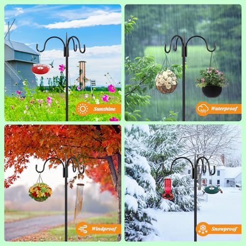FEED GARDEN Heavy Duty Shepherds Hook 92" Triple Hooks - Metal 5-Prong Base, Adjustable (44/60/76/92") - 15lb Capacity Bird Feeder Pole for Hanging Plants, Solar Lanterns, Wind Chimes, 1 Pack