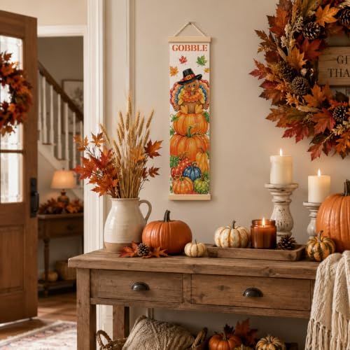 Fall Wall Hanging Decor, Gobble Turkey Canvas Banner for Harvest Party