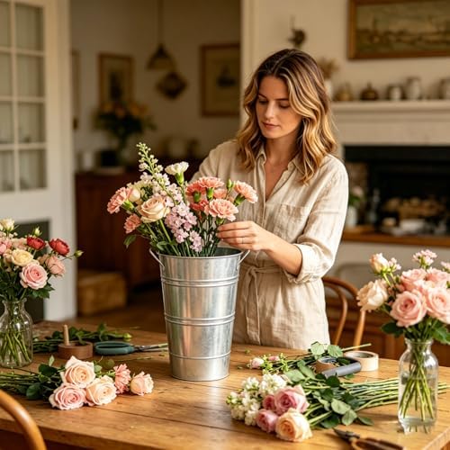 Galvanized Metal French Flower Bucket Vases, 10 Inch, 8 Pack