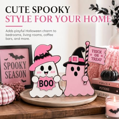 2pcs Ghost Pink Halloween Decor, Trick or Treat Wooden Plaque (Cute Ghost)