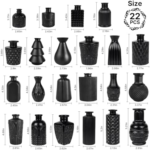 Black Glass Bud Vase Set of 22 Pcs,Small Bud Vases in Bulk,Glass Crystal Flower Vases Table Centerpieces for Party Event Wedding Decor Baby Shower Decorations (Classic Black, 22 Pcs)