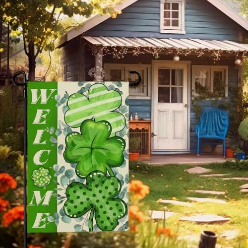 St Patricks Day Garden Flag 12x18 Inch Green Shamrock Garden Flags for Outside Welcome St.Patrick's Day Yard Flags Outdoor Holiday Decor for Graden Lawn Double Sided