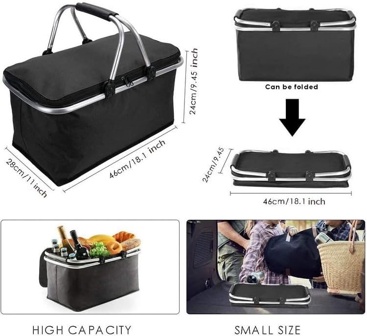 Foldable Insulated Picnic Basket 30L 31.7 QT Large Capacity Cooler Tote with Double Handles Thermal Shopping Basket for
