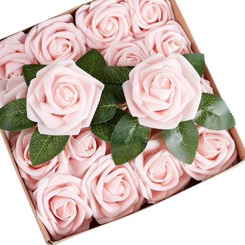 16 Pcs Pink Artificial Flowers, Fake Roses with Stems