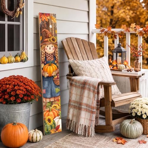 Fall Welcome Porch Sign, Wooden, 47.2", for Front Door, Scarecrow